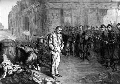 Pariserkommunen i 1871. En federe (communard) taget til fange på hjørnet af gaderne Montmartre og Aboukir bliver udsat for ilden fra en barrikade, som federerne har rejst. Hans kammerater havde forladt barrikaden, han var i stand til at flygte, men hurtigt af Unknown artist