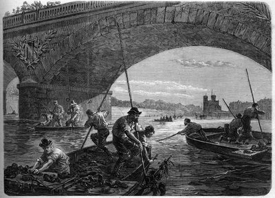 Pariserkommunen i 1871. Fiskeri efter våben kastet i Seinen under Austerlitz-broen af Federes (communards) på tidspunktet for den afsluttende debat i kommunen. af Unknown artist