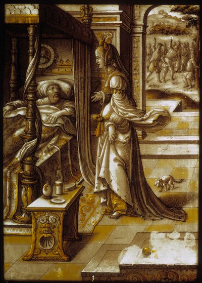 Den fønikiske prinsesse Jezebel lover sin gifte Akab (Ahab), som er ked af ikke at få Nabots vingård, at få den til hende. Glasmaleri fra 1500-tallet. Paris, Louvre-museet af Unknown artist