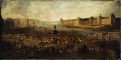 Pont-Neuf, set fra indgangen til Place Dauphine, Quai Malaquais med Collège des Quatres-Nations, Grande Galerie og Louvre, ca. 1665 af Unknown artist
