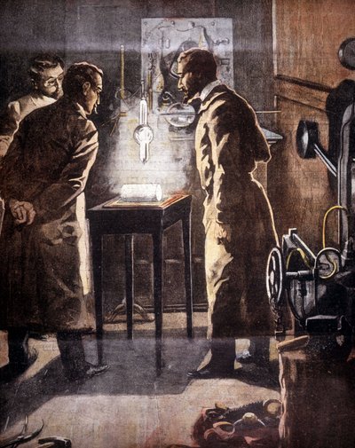 Røntgen (Rontgen) eller røntgenstråler. Opdaget i 1895. Illustration, der repræsenterer eksperimentet. af Unknown artist