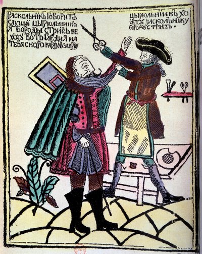 Den russiske tsar Peter I den Store (1672-1725) promulgerede en reform i 1722, som krævede at skære skægget. Indgravering af det 18. århundredes Paris, B.N. af Unknown artist