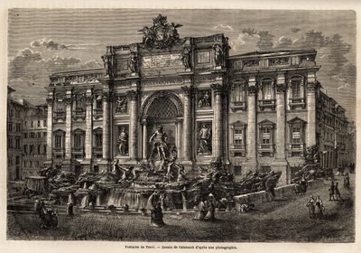 Trevi-fontænen i Rom, færdiggjort i 1762, er et eksempel på videreførelsen af barokstilen i det 18. århundrede i Italien, baseret på Palazzo Poli, dette monumentale værk i form af en triumfbue knuser den lille plads, hvorpå den er placeret. befinde sig. af Unknown artist