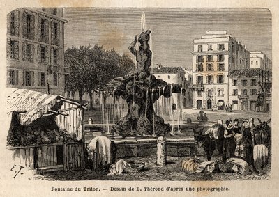 Tritonfontænen i Rom, skabt i 1643 af Gian Lorenzo (Gianlorenzo) Bernini kendt som Le Bernini (1598-1680), på Barberini-pladsen. Gravering til illustration af rejsen til Rom, af Francis Wey, i 1864-1868, udgivet i "Le tour du monde, nouveau af Unknown artist