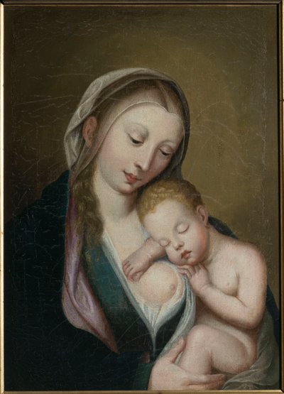 Jomfruen og barnet sover på hendes skulder. 1700-tallet (olie på lærred) af Unknown artist