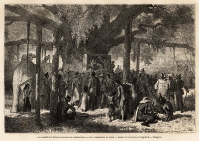 Annamitterne fra Garniers eskorte giver en improviseret repræsentation til deres landsmænd i Lakon (Laos), efter at have indrettet et lille dukketeater ved foden af en banian med en enorm kuffert. Gravering for at illustrere udforskningsrejsen i Indokina, af Unknown artist