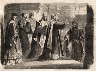 Ærkebiskoppen Sankt Ambrosius af Milano (Aurelius Ambrosius, Ambrogio di Milano (340-397) forbød indgangen til kirken til den romerske kejser Theodosius I (Flavius Theodosius) (347-395) for at straffe ham for massakren i Thessalonika i 390 - Excommunicati af Unknown artist