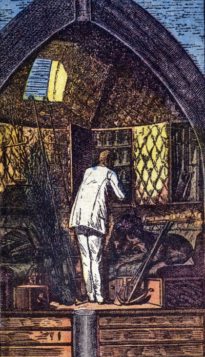 Astronauten i raketten. Grav. i "Fra Jord til Måne" af Jules Verne af Unknown artist