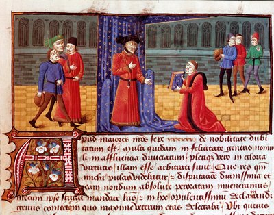 Forfatteren præsenterer sit værk Side taget fra "" Sophilogium"" (Archiloge Sophie. Book of Good Practice) af Jacques Legrand (Legrant) (1365-1415) Torre do Tombo fra det 15. eller 16. århundrede, Lissabon af Unknown artist