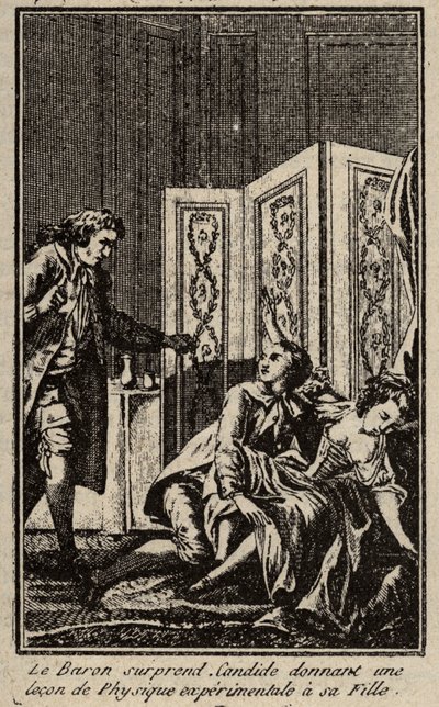 Baronen overrasker Candide, der giver en lektion i eksperimentel fysik til sin datter Frontispice for "" Candide"" af Francois Marie Arouet dit Voltaire. af Unknown artist