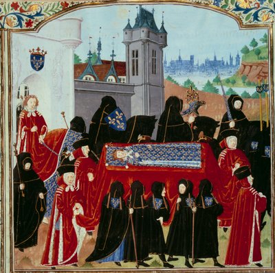 Liget af den afdøde kong Charles VI (1368-1422) bliver båret væk, bag processionen den nye kong Charles VII (1403-1461) miniaturen 22/10/1422 fra manuskriptet "" Chronicles of Charles VII"" (Ms. . fr. 2691) af Jean Chartier af Unknown artist