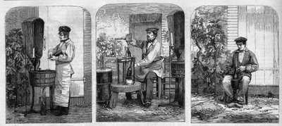 Aftapning af champagnevin. Stik fra 1864. af Unknown artist