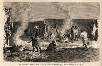 Slagterne på Yamina-markedet (Niger), med pæle udstyret med kroge til at hænge kød op, samt ovne, hvori kød kan tilberedes direkte, som slagtes efter muslimske ritualer. Indgravering til illustration af Løjtnans rejse til Vestsudan af Unknown artist