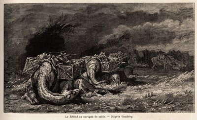 Kamelkaravanen fanget i en sandorkan kalder tebbad. Tegning af Emile Bayard (1837-1891), for at illustrere rejsen til Centralasien, i 1863, af Arminius Vambery (ungarsk videnskabsmand forklædt i dervish). Indgravering i "" Le tour du monde"", redigeret af af Unknown artist