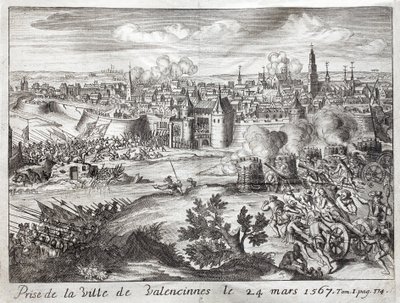 Byen Valenciennes (Frankrig) blev indtaget den 24. marts 1567. Første slag i Gueux-oprøret (begyndelsen af 80-årskrigen (80 år eller 80 år) (Nederlandenes oprør) (1568-1648). for at illustrere "History of the War of F af Unknown artist