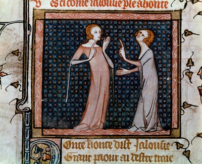 Kollokviet af Jalousi og Skam Miniature i "" Roman de la rose"" af Jean de Meun, Jean de Meung eller Jean Chopinel, Jean Clopinel (ca. 1240-1305), ca. 1370. Paris, bibliotheque Sainte Genevieve af Unknown artist