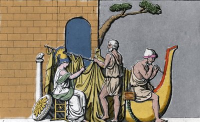 Konstruktionen af skibet Argo, assisteret af Minerva, med det hellige træ af egetræerne i Dodone. af Unknown artist