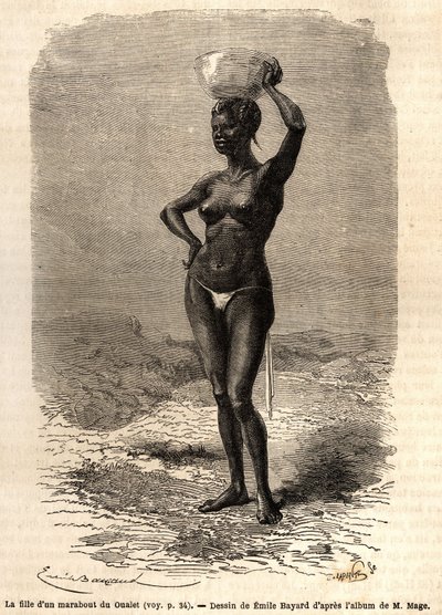 Datteren af en marabout fra Oualet (Mauretanien), iført en jatte på hovedet for at lave sort sæbe. Gravering til illustration af løjtnant (Flåden) M. Mages rejse til Vestsudan i 1863-1866, offentliggjort i "Le tour du monde, nouveau journal des voyages" af Unknown artist