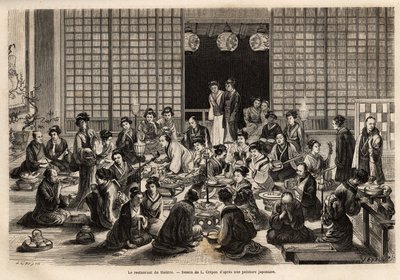 Spisestuen i Yokohama Theatre er permanent fyldt, selv under forestillingen. Gravering til illustration af rejsen til Japan af Aime Humbert, minister for det schweiziske forbund, i 1863-1864, udgivet i "" le tour du monde"", under den dystre af Unknown artist