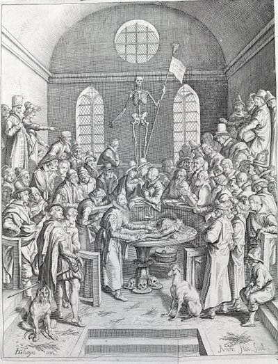 Dissektionsgruppen af læger og videnskabsmænd genforenes for at følge en dissektion i et amfiteater. Stik fra 1788 af Unknown artist