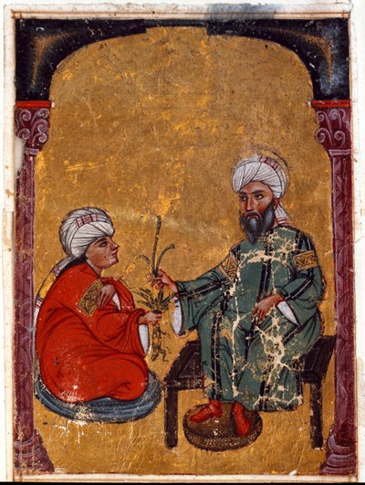 Lægen og botanikeren Pedanius Dioscoride (Dioscorides) (40-90 e.Kr.), der forklarer en af sine elever fordelene ved miniatureplanter, der stammer fra hans afhandling "De materia medica"" (Fol. 2 verso) Fra Irak. 1229 Topkapi Sarayi Museumsbibliotek, Istanb af Unknown artist