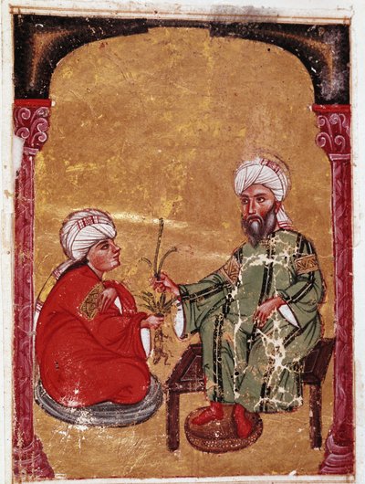 Lægen og botanikeren Pedanius Dioscoride (Pedanius Dioscorides) (40-90 e.Kr.) sidder med en af sine elever Miniature fra hans afhandling "De materia medica"" (ms Ahmed III, 2147, folio 217a) 1229 Topkapi Sarayi Museum Library, Istanbul af Unknown artist