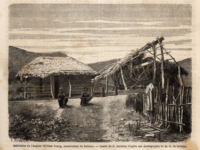 Boligen og skibsværftet for en engelsk bygmester nær Noumea, som bruger indfødt arbejdskraft eller fordømmer dem indtil slutningen af deres tid med hårdt arbejde. Engravure pour illustrrer le voyage à la Nouvelle Caledonie, af Jules Garnier, civilingeniør  af Unknown artist