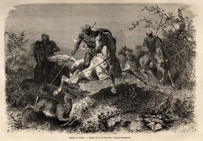 Dyakerne (hjemmehørende i Borneo) jager, rider og lassos våben. Gravering til illustration af rejsen i den malaysiske øgruppe, af Alfred Russell Wallace, i 1854-1862, udgivet i "" Le tour du monde""" 1870-1871, redigeret af Edouard Charton, Hachett af Unknown artist