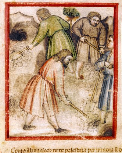 De misundelige filister fylder de hule brønde af Isaac Miniature fra codex 212 (eller padovano codice eller Bible of Padua) 1390-1400 Rovigo, Accademia dei Concordi af Unknown artist