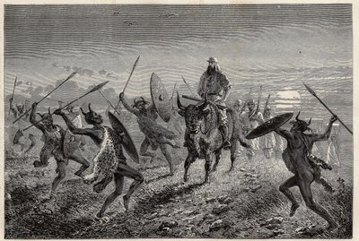 Den eskorte, der er tildelt den rejsende Baker, udfører en fantasi inden afrejse til Lake Albert (eller Albert Nyanza). Gravering til illustration af turen til Lake Albert, i 1861-1864, af Sir Samuel White Baker, i "Le tour du monde, nouveau journal des vo af Unknown artist
