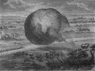 Kuglens fald "" The Giant"" på Hannovers sletter i 1863 med ombord: Jules og Louis Godard, Felix Nadar, hans kone, Fernand Montgolfier og Thirion. I” Album de la Science”, Éditions Jouvet af Unknown artist
