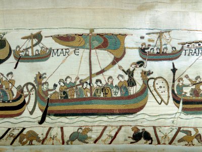 Vilhelm I Erobrerens (1027-1087) flåde krydser kanalen mod England. Bayeux gobelin eller broderi af dronning Mathilde af Unknown artist