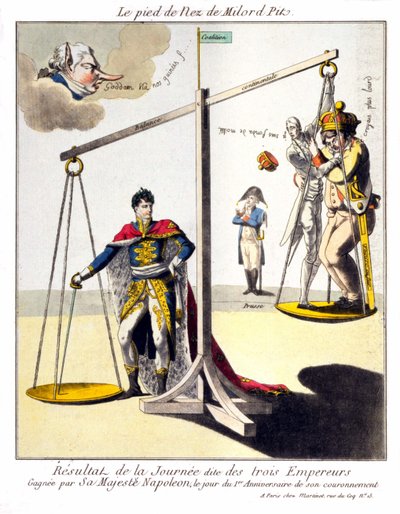The Foot of the Nose of Milord Pit - Resultatet af den såkaldte dag for de tre kejsere - vundet af Hans Majestæt Napoleon, på dagen for 1-årsdagen for hans kroning. Tegnefilm om Napoleon I og den 3. koalition (Storbritannien repræsenteret af William Pi af Unknown artist