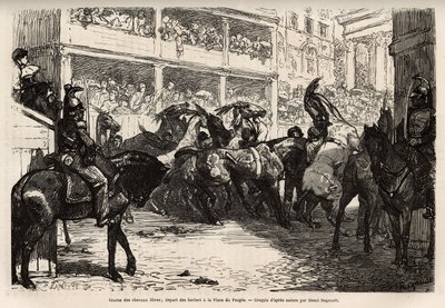 Det gratis hestevæddeløb, der arrangeres fire gange i løbet af karnevallet, starter på Folkets Plads, hvorefter der skydes i den tredobbelte galop på Corso til Venedigs Plads, hvor præmierne uddeles. Gravering til illustration af rejsen til Rom, af Francis af Unknown artist