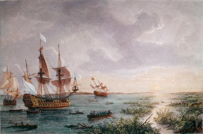 Den franske opdagelsesrejsende Rene Robert Cavelier, Sieur de LaSalle opdager Louisiana, i 1684 (gravering af Unknown artist