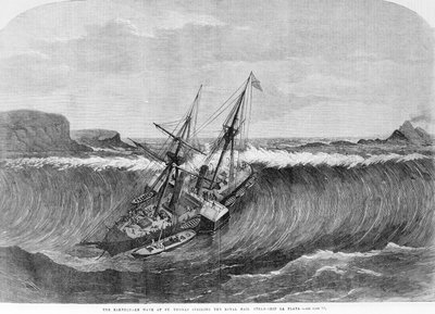 Den gigantiske bølge af tsunamien i december 1867 i Saint Thomas, Jomfruøerne falder på hjulbåden La Plata. Indgravering af det 19. århundrede. af Unknown artist