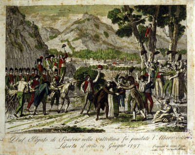 Indbyggerne i Sondrio de la Valtellina planter Libertes træ, symbol på sejr over det gamle regime. 14/06/1797. Gravering. af Unknown artist