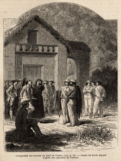 Inspektionen af rekrutter ved tærsklen til kirken i Marcapata (Peru), af landsbyens præst, som verificerer sundhedstilstanden og styrken hos de selvtilfredse indianere, for at danne holdet af forfatterens bærere. Gravure pour illustrrer le voyag af Unknown artist