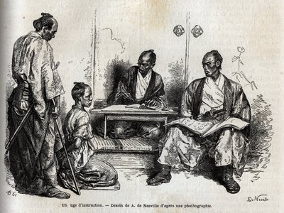 Under udførelsen af sine pligter, knælende foran ham, anklager undersøgelsesdommeren ham for en samurai. Indgravering til illustration af rejsen til Japan i 1863-1864 af Aime Humbert, minister for Det Schweiziske Forbund, i "Le tour du monde, nouveau jo af Unknown artist