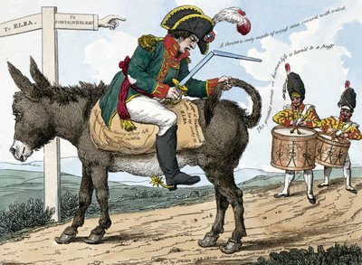 En moderne helts rejse til øen Elba. En moderne helts rejse til øen Elba. Denne tegneserie viser Napoleon Bonaparte siddende på et æsel på vejen fra Fontainebleau til Elba-øen; han holder en sværdkasse i den ene hånd og den af Unknown artist
