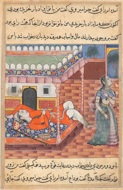 Kongen drømmer om en dame, personificeringen af rigdom, der forlader ham på grund af hans køb af en skål og en stav fra en yogi, fra en Tuti-nama (Fortællinger om en papegøje): 36. nat af Unknown artist