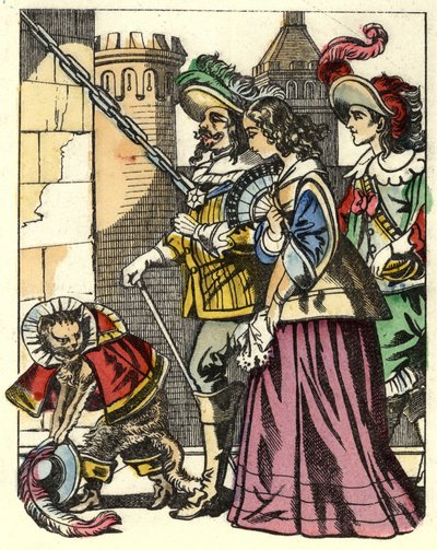 Kongen, prinsessen og markisen af Carabas ankommer til troldens slot forud for kattestøvlen. Illustration af fortællingen "The cat botte" af Charles Perrault af Unknown artist