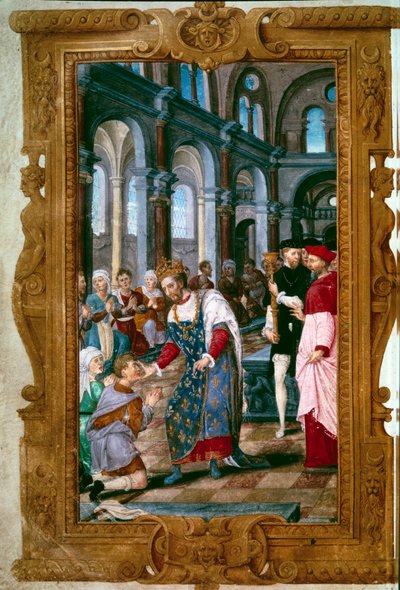 Kongen rører ved, Gud hører dig Kong Henrik II (1519-1559), thaumaturge, krigere en syg af ecrouelles i klosteret Saint Marcoul, lige efter ceremonien for kroningen af Reims. Nær ham buen af Reims. Miniature fra "The Hours of Henry II"" 154 af Unknown artist