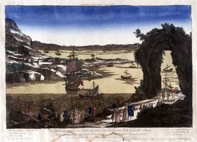 Franskmændenes landgang for etableringen af den nye koloni i havnen Nouvelle Cayenne (eller France Equinoxiale) af Unknown artist