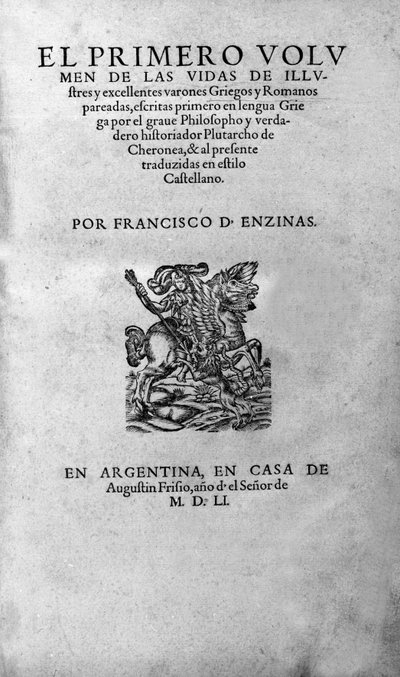 Berømte mænds liv. Frontispice af Plutarch di Cheronees bog, også kaldet "Paralleles Lives"". Argentinsk udgave af Unknown artist