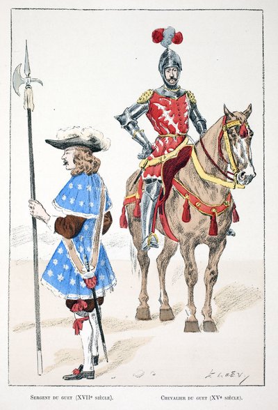 Udkigssergenten i 1600-tallet og ridderen i 1400-tallet. Ætsning i farver, til illustration "History of the Corps of Peacekeepers""" bog udgivet i regi af Louis Lepine (1846-1933), præfekt for politiet på Seinen af Unknown artist