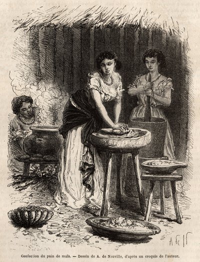 Fremstilling af majsbrød, grundlaget for mad, af kvinder i Great Cauca Valley (Colombia). Gravering til illustration af rejsen til New Granada, af Dr. Saffray, i 1869, udgivet i "" Le tour du monde""" 1873, redigeret af Edouard Charton, udgave Hachet af Unknown artist