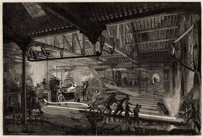 Fremstillingen af skinnerne i de gamle smedjer i Le Creusot, stålstrimlerne, hvide af varme, strækker sig i skinner mellem valseværkerne. Gravering til illustration af en rejse til Creusot og minerne i Saone og Loire, i 1865, af L. Simonin, i "" Le tou af Unknown artist