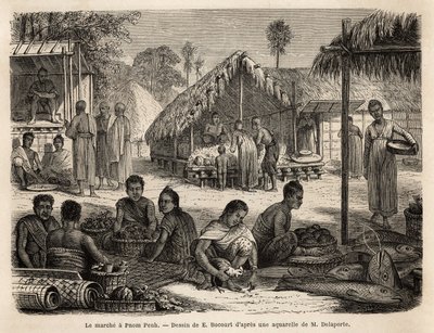 Markedet i Phnom Penh, hvor malaysiske butiksejere og kinesiske handlende tilbyder en bred vifte af forbruger- og fremstillingsprodukter. Gravering for at illustrere udforskningsrejsen i Indokina af Francis Garnier, løjtnant de Vaissseau, i 1866-1868, af Unknown artist