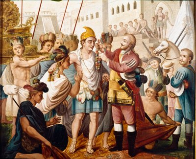 Mødet mellem Hernan (eller Hernando) Cortes eller Fernand Cortez (1485-1547) og den aztekiske konge Montezuma (eller Moctezuma: 1466 - 1520) i november 1519 Anonymt maleri fra det 19. århundrede. Museum of America, Madrid. af Unknown artist
